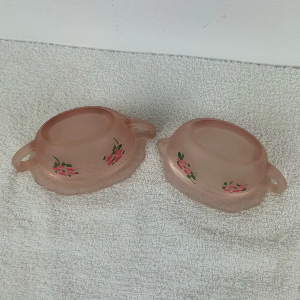 VTG Embossed Hand Painted Flower Pink Satin Glass Creamer Sugar Set of 2